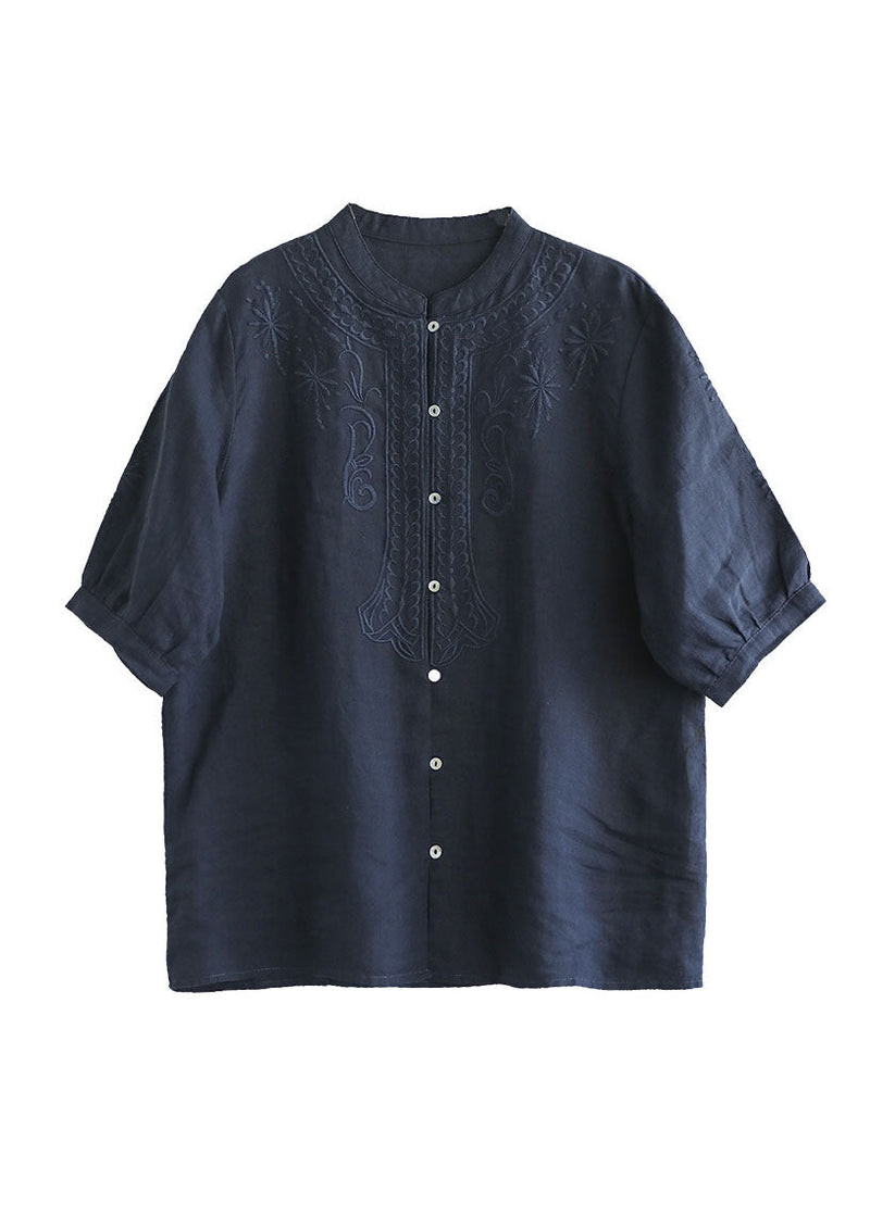 Navy Cotton Shirts Stand Collar Embroidered Half Sleeve
