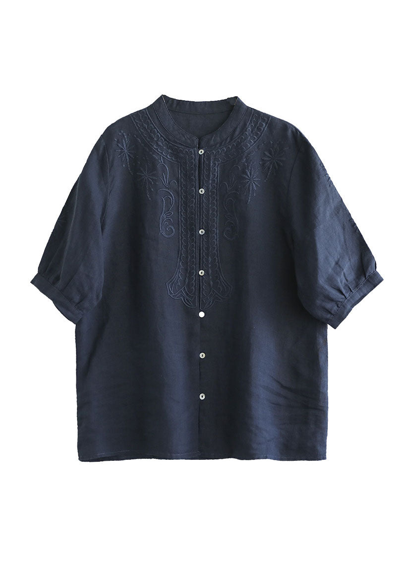 Navy Cotton Shirts Stand Collar Embroidered Half Sleeve