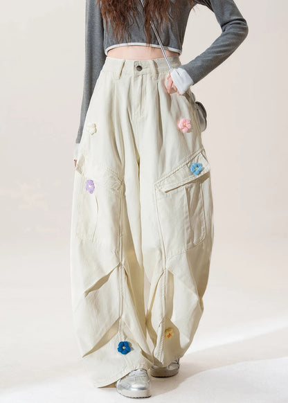 Apricot Pockets Wrinkled Denim Pants Fall