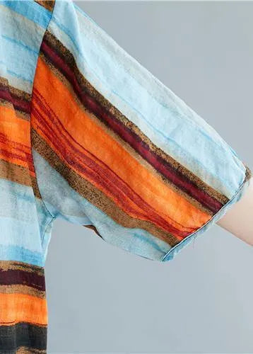 Simple Striped Linen Cotton Clothes Work Drawstring Summer Shirt