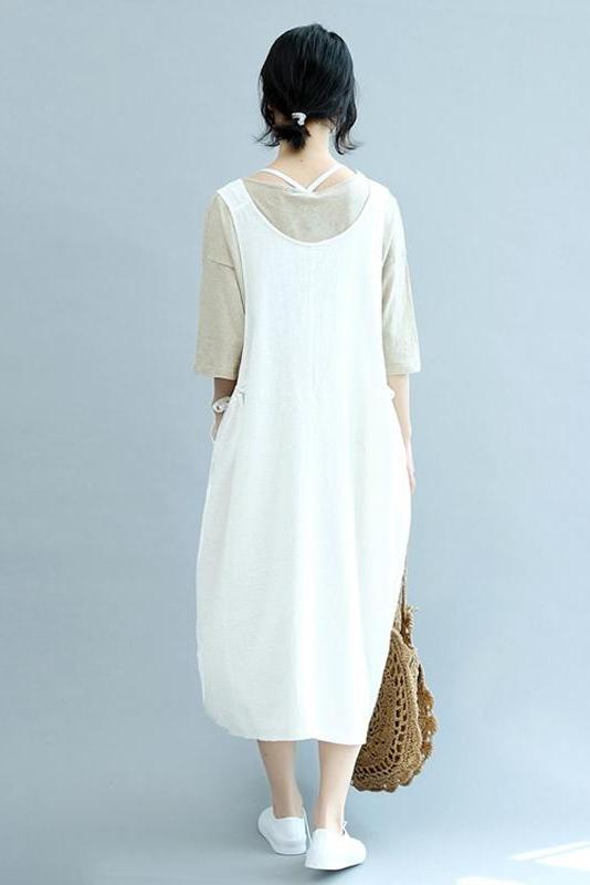 Summer Beige Linen Sleeveless Suspender Dresses