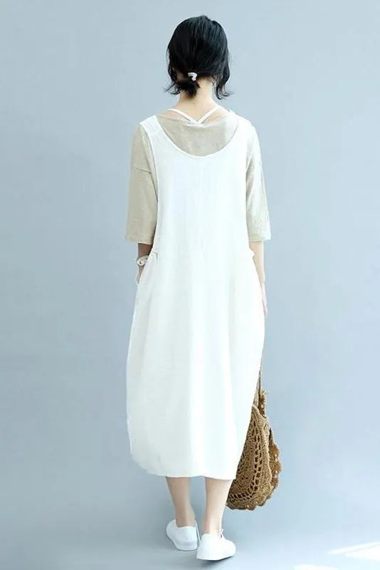 Summer Beige Linen Sleeveless Suspender Dresses