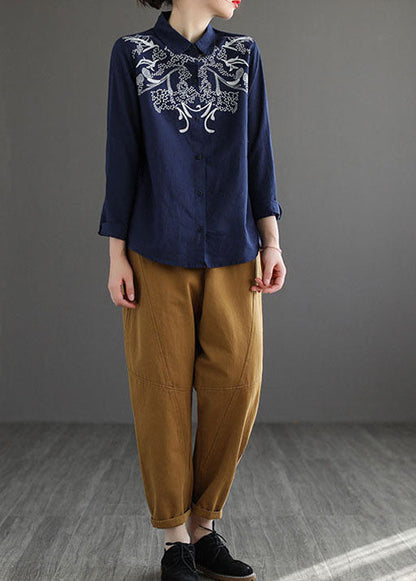 Classy Navy Peter Pan Collar Embroidered Cotton Blouses Long Sleeve