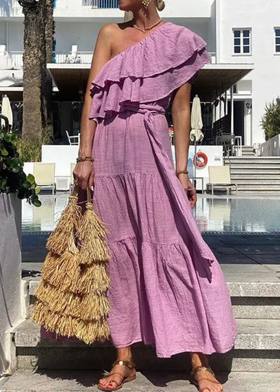 Pink Slash Neck Ruffled Lace Up Cotton Dress Summer