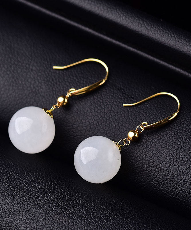 Simple Gold 18k Gold Inlaid Sheep Fat Jade Ball Drop Earrings