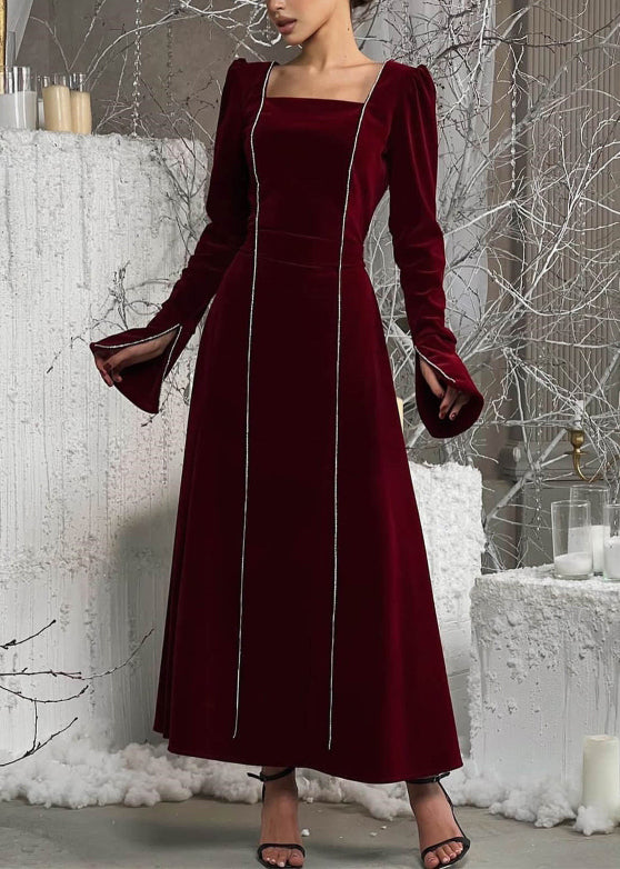 European and American Style Black Square Collar Velvet Dresses Flare Sleeve