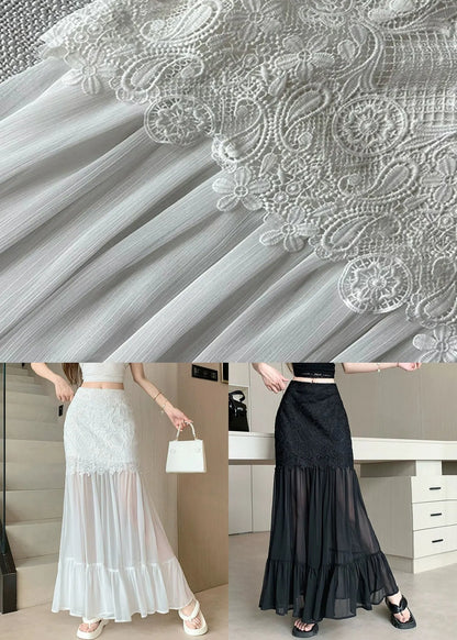 White Wrinkled Lace Patchwork Tulle Summer Skirt High Waist