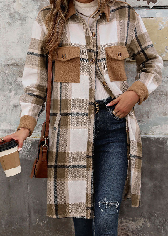 Coffee Peter Pan Collar Pockets Plaid Woolen Shirts Coat Winter