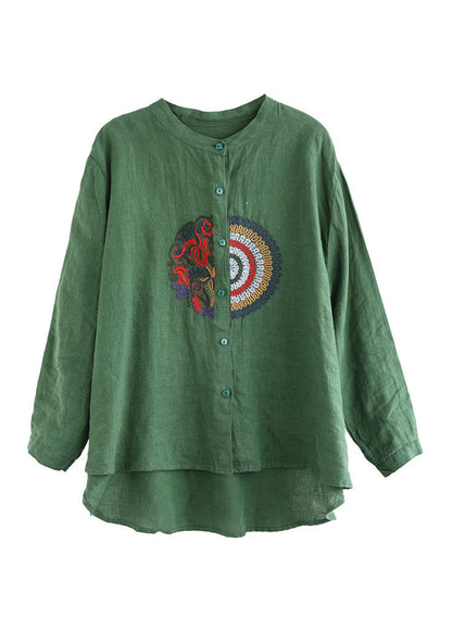 Green Embroidered Linen Shirt Top Long Sleeve