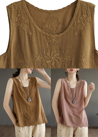 Simple Brown Yellow O-neck Cotton Tops Summer