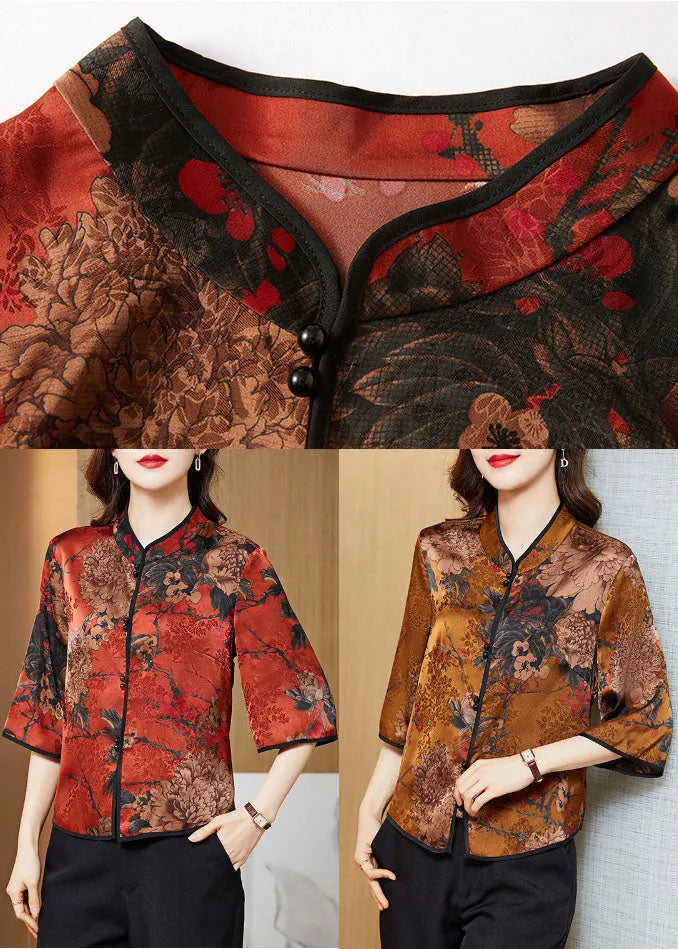 Red Mandarin Collar Print Silk Shirt Tops Half Sleeve