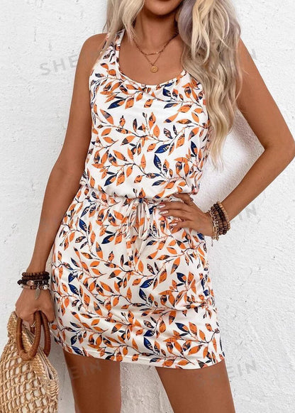 O Neck Print Drawstring Lace Up Cotton Mid Dresses Sleeveless