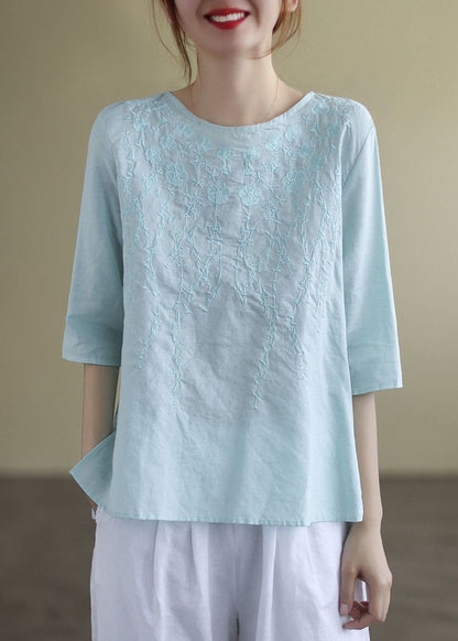 French Navy O-neck Embroidered Cotton Blouses Half Sleeve