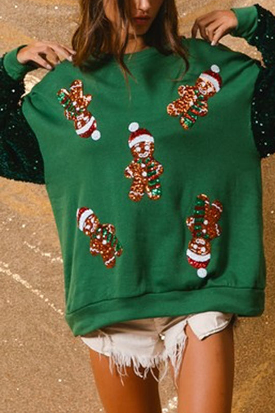 Christmas Casual Loose Crew Neck Sequin Sleeve Sweatshirt