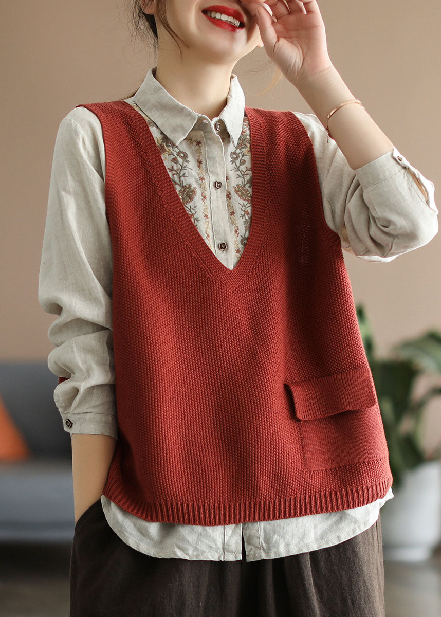 Red V Neck Patchwork Cotton Knit Vest Sleeveless