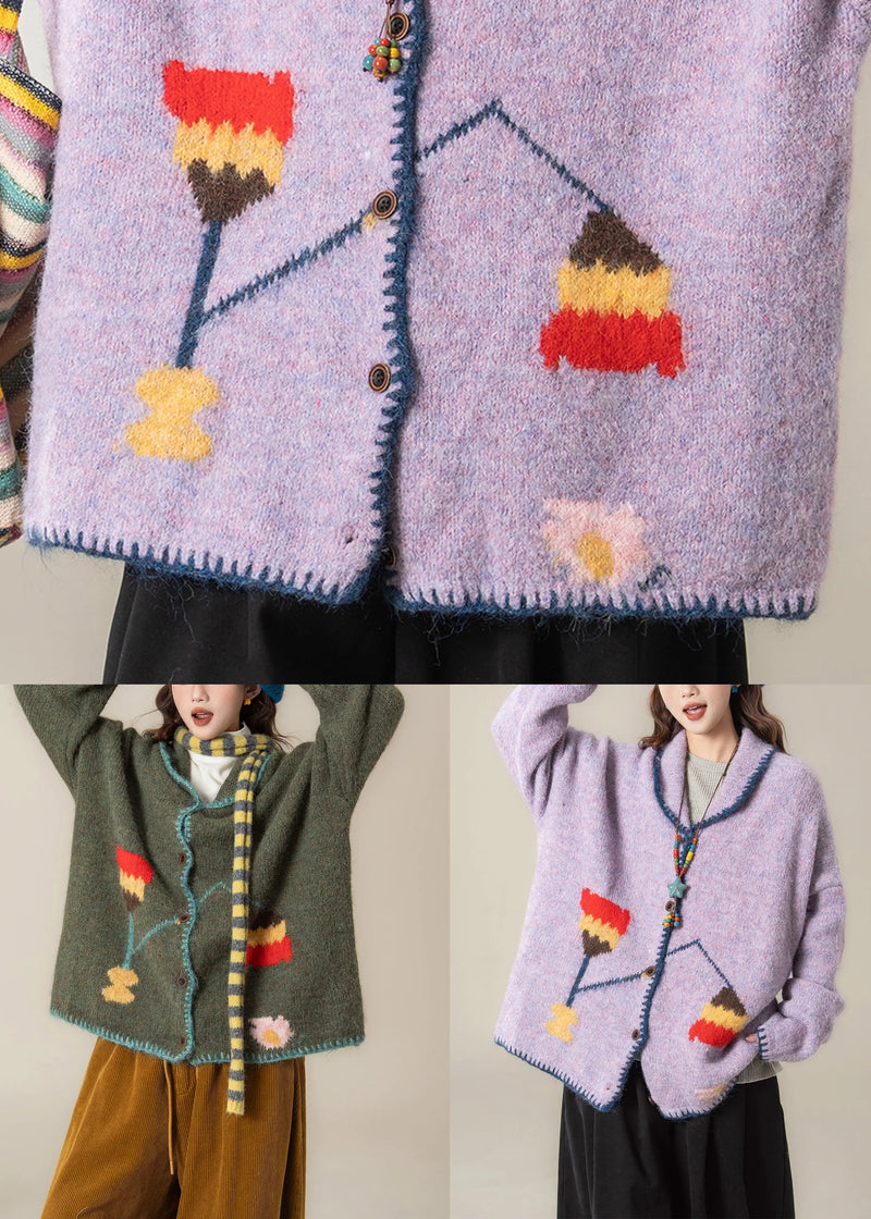 Purple Jacquard Button Knit Coats Peter Pan Collar