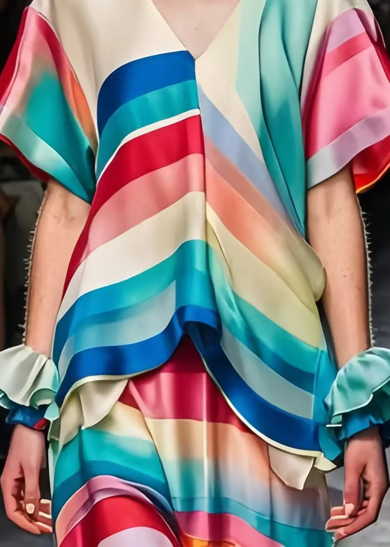 Rainbow V Neck Silm Fit Silk Long Dress Summer