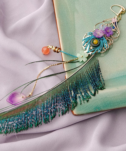 Blue Peacock Feather Crystal Pearl Tassel Drop Earrings