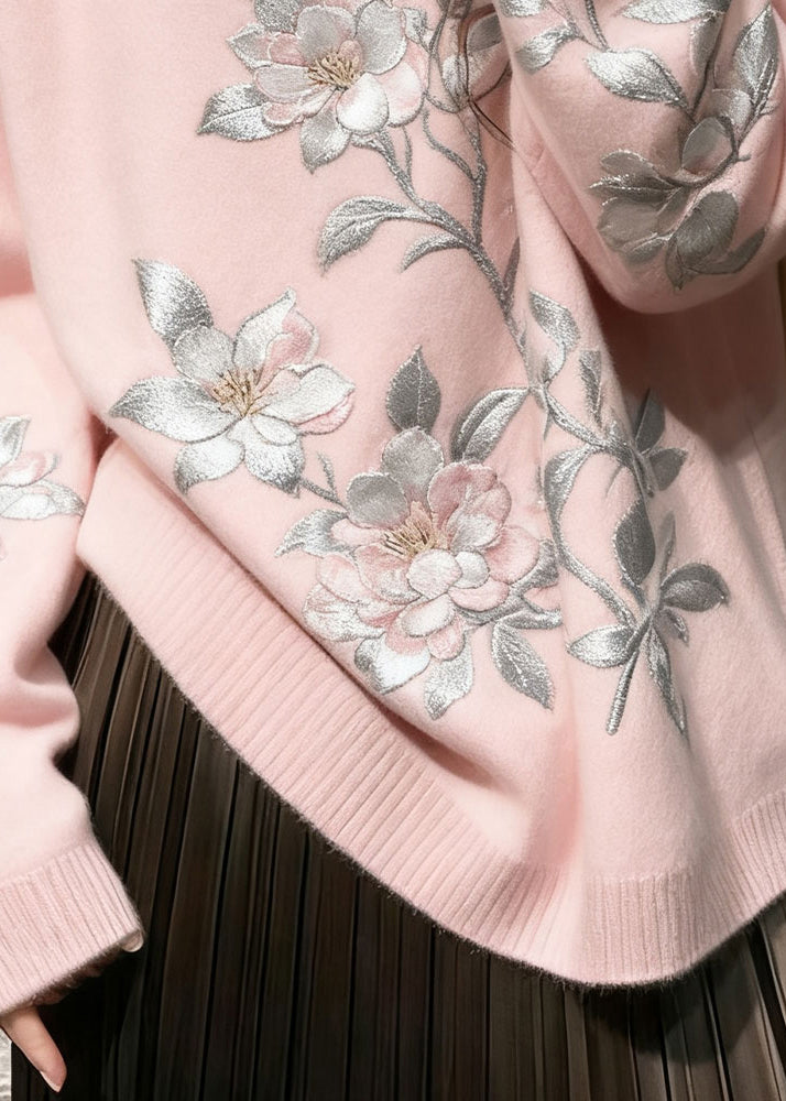 French Pink Embroidered Knit Cozy Sweaters Winter