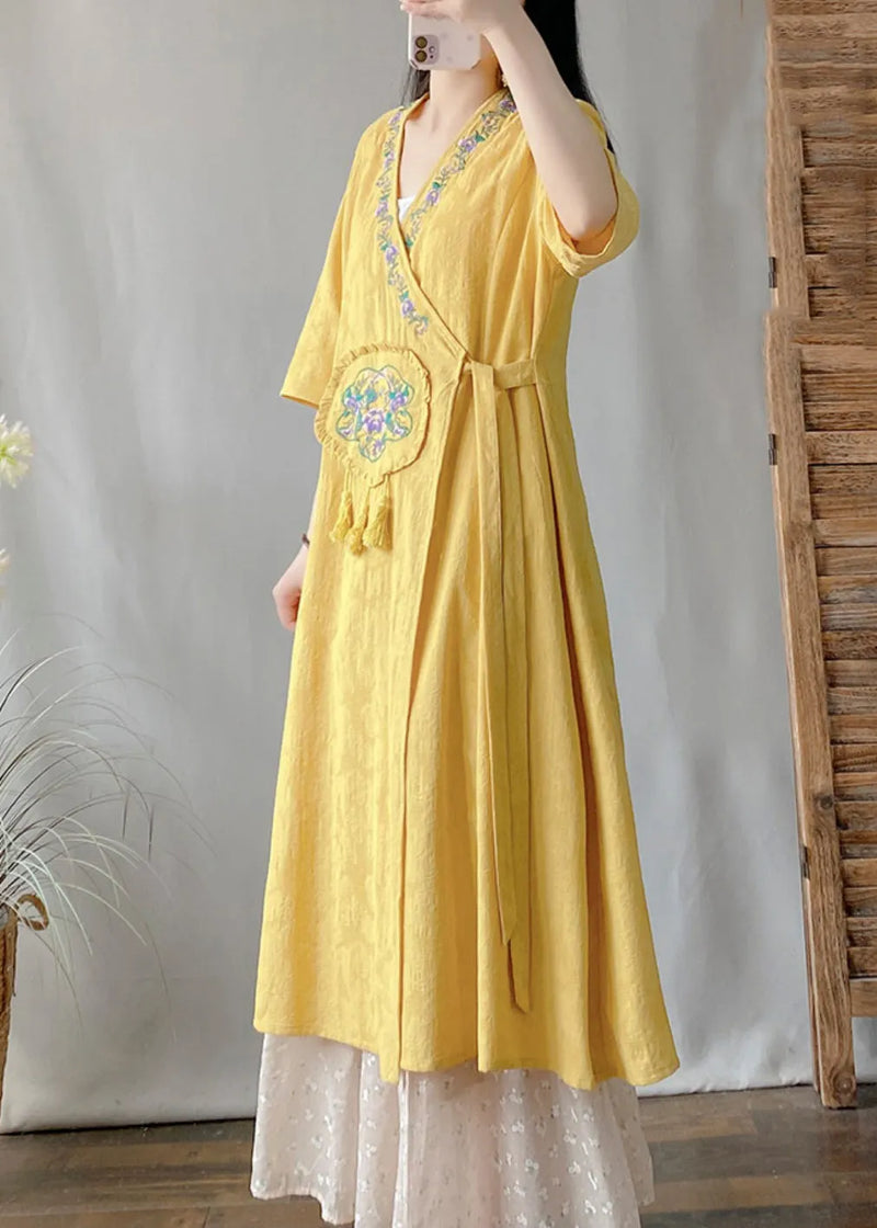 Yellow V Neck Embroidered Lace Up Cotton Cardigan Summer