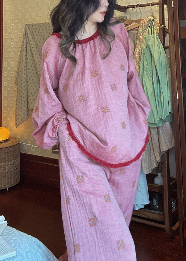 Loose Purple O Neck Print T Shirt and Pants Cotton Pajamas Two Piece Set Fall