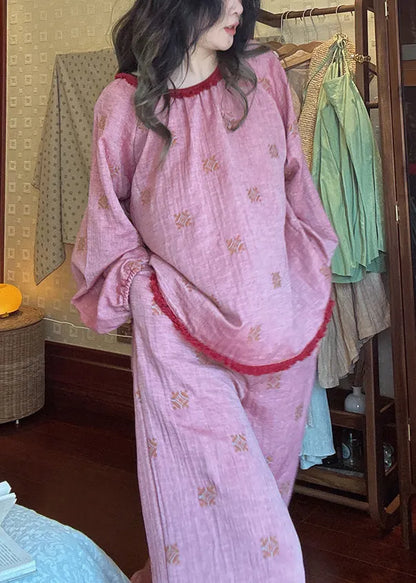 Loose Purple O Neck Print T Shirt and Pants Cotton Pajamas Two Piece Set Fall