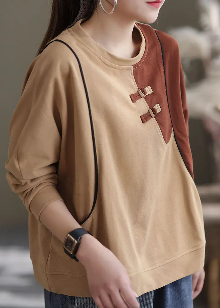 Khaki O-neck Patchwork Cotton Sweatshirts Spring