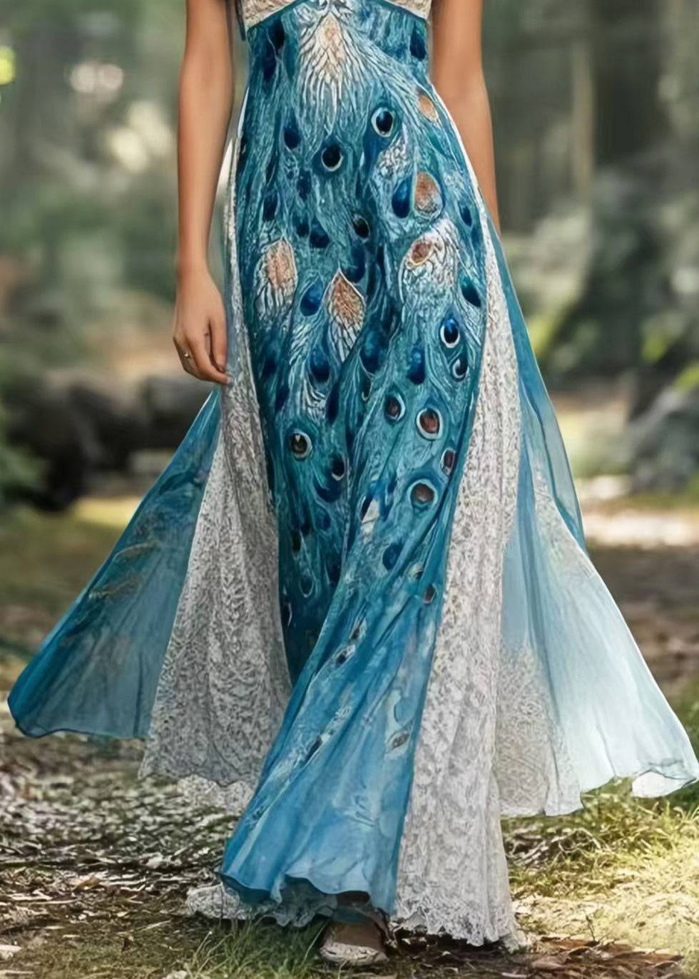 Peacock Blue Print Patchwork Exra Large Hem Chiffon Sundress Summer