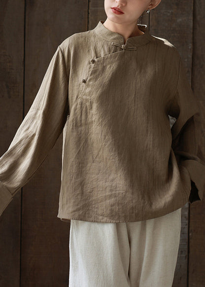 Chinese Style Khaki Stand Collar Patchwork Linen Shirts Spring