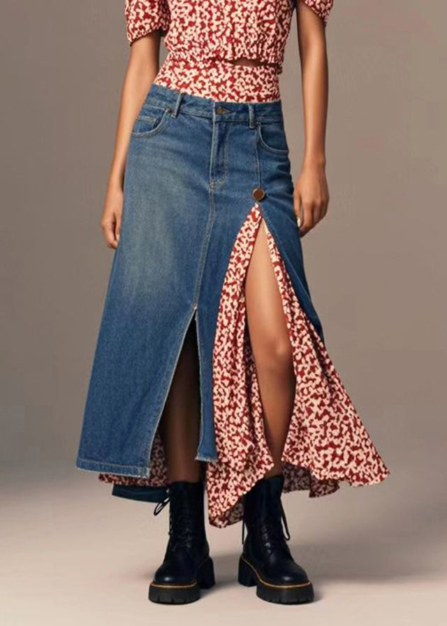 Navy Asymmetrical Patchwork Side Open Denim Skirt Fall
