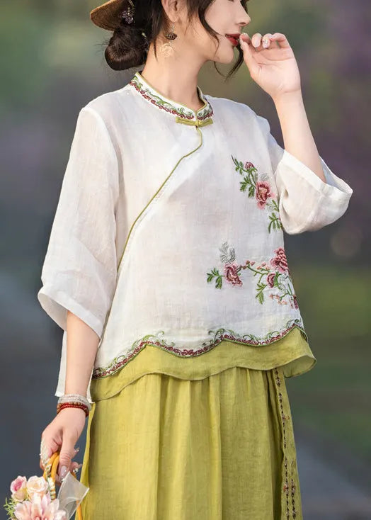 White Button Patchwork Linen Blouses Embroidered Summer