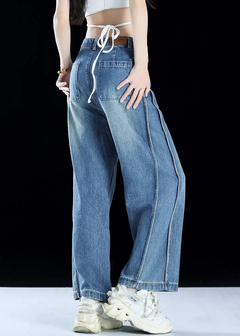 Blue Pockets Patchwork Denim Crop Pants Summer