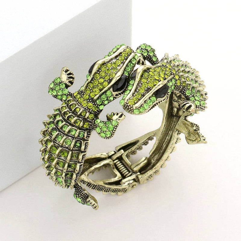 Double Crocodile/alligator Evening Hinged Cuff Bracelet: Green