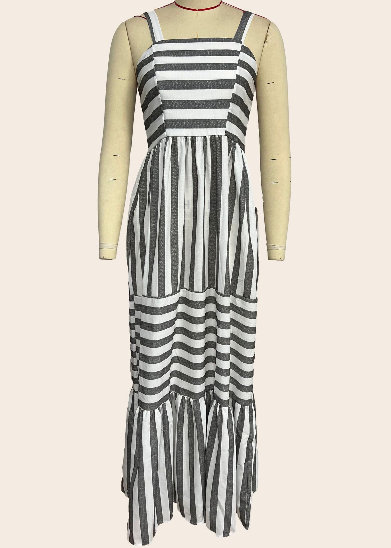 Grey Striped Wrinkled Cotton Spaghetti Strap Dresses Summer