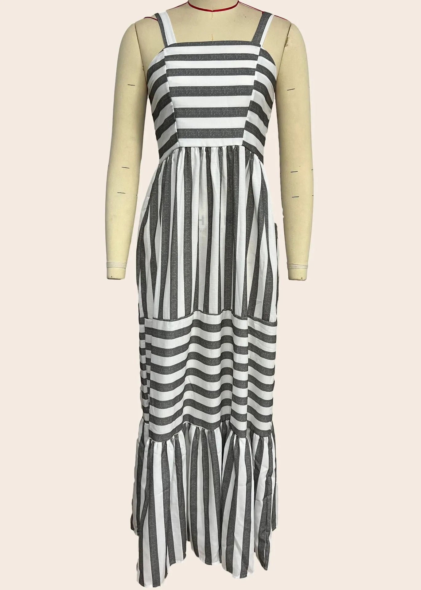 Grey Striped Wrinkled Cotton Spaghetti Strap Dresses Summer