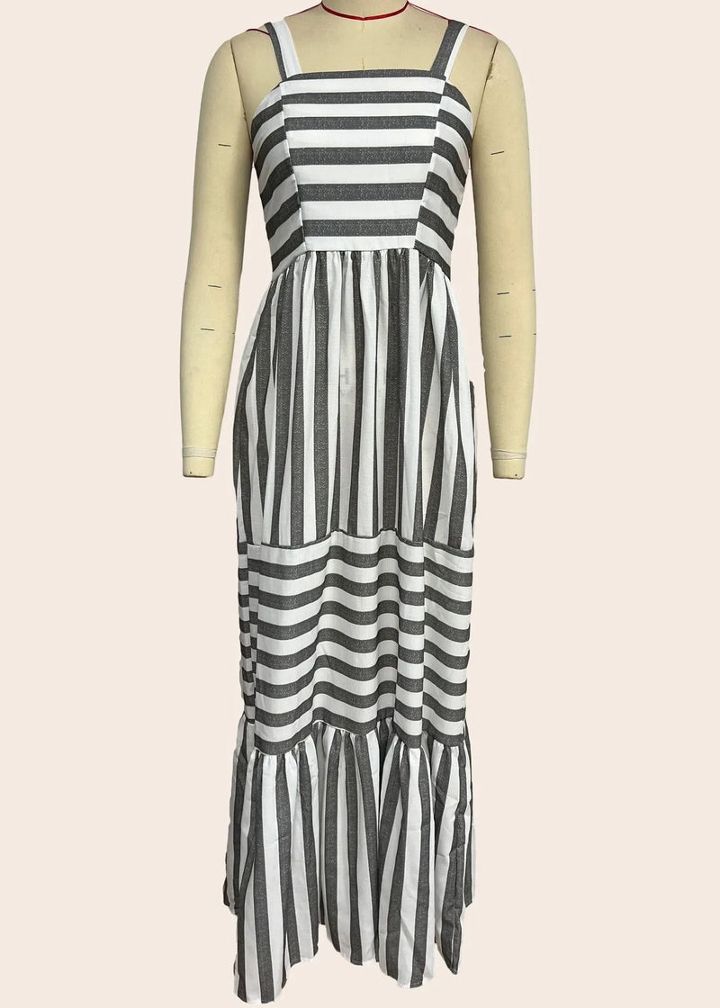 Grey Striped Wrinkled Cotton Spaghetti Strap Dresses Summer