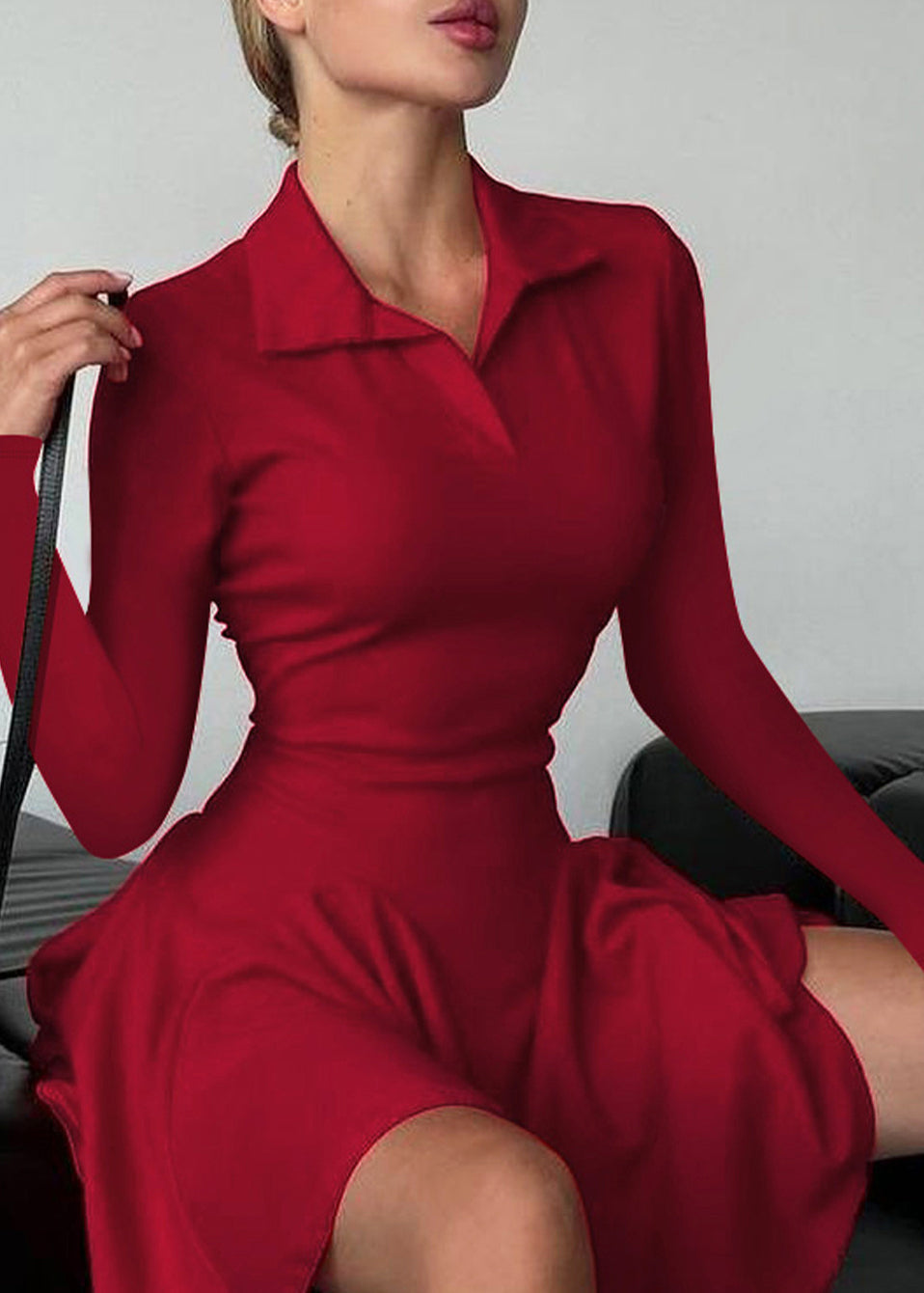 Slim Fit Blue Peter Pan Collar Wrinkled Cotton Dress Fall