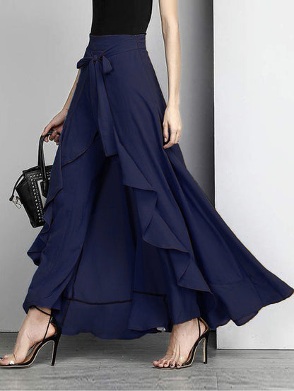 Grey Waist Spliced Ruffle Hem Straight Leg Skirt