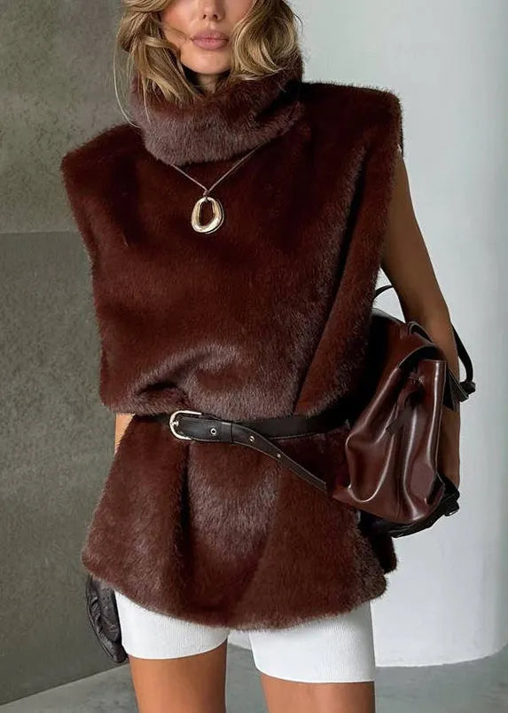Fine Coffee Turtleneck Side Open Fluffy Waistcoat Sleeveless