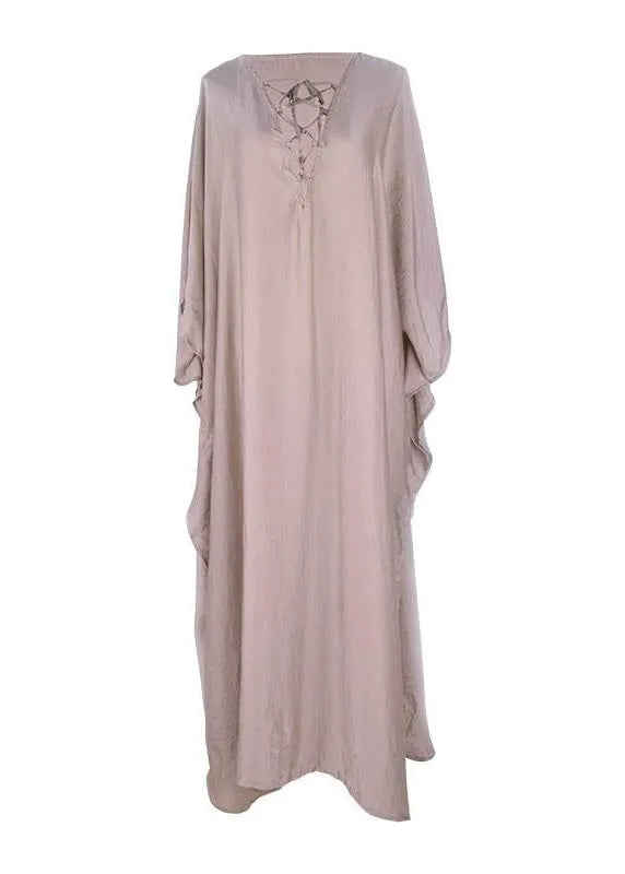 Fitted Khaki Oversized Side Open Silk Holiday Dress Batwing Sleeve