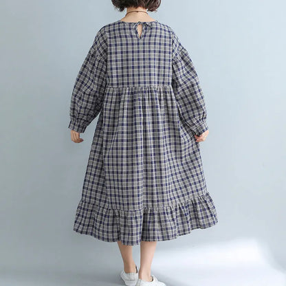 Apparel Loose Plaid Dress Cotton Linen Dresses