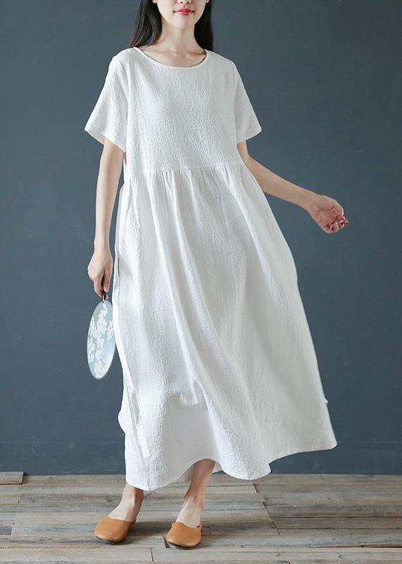 Style White Linen Cotton Dresses O Neck Jacquard Dresses Dresses