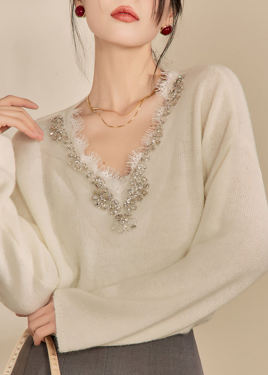 Diy Beige V Neck Lace Patchwork Cozy Cotton Knit Sweaters Winter