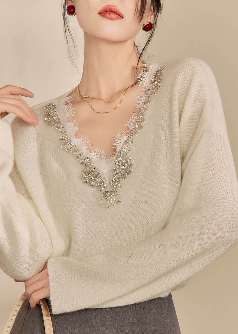 Diy Beige V Neck Lace Patchwork Cozy Cotton Knit Sweaters Winter