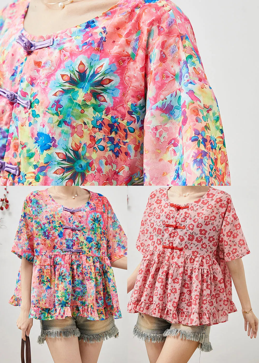 Red Cotton Blouses Chinese Button Summer
