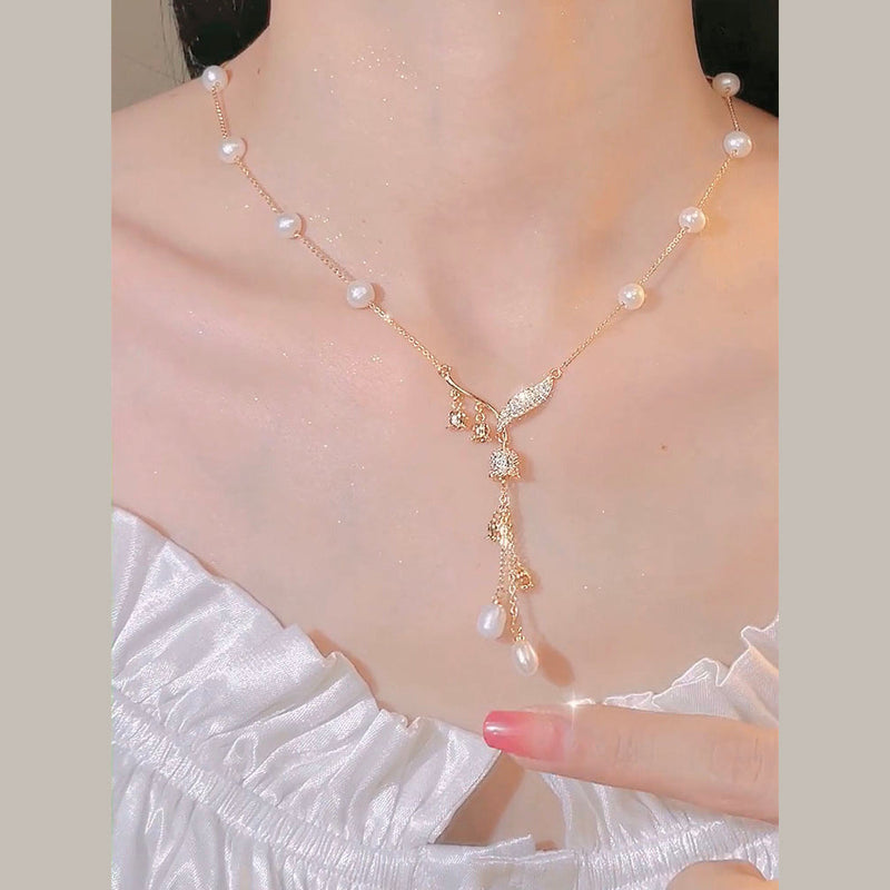 Gold Sterling Silver Overgild Pearl Zircon Bell Orchid Tassel Pendant Necklace