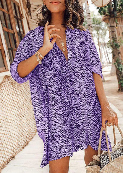Khaki Peter Pan Collar Leopard Print Cotton Shirts Dresses Long Sleeve
