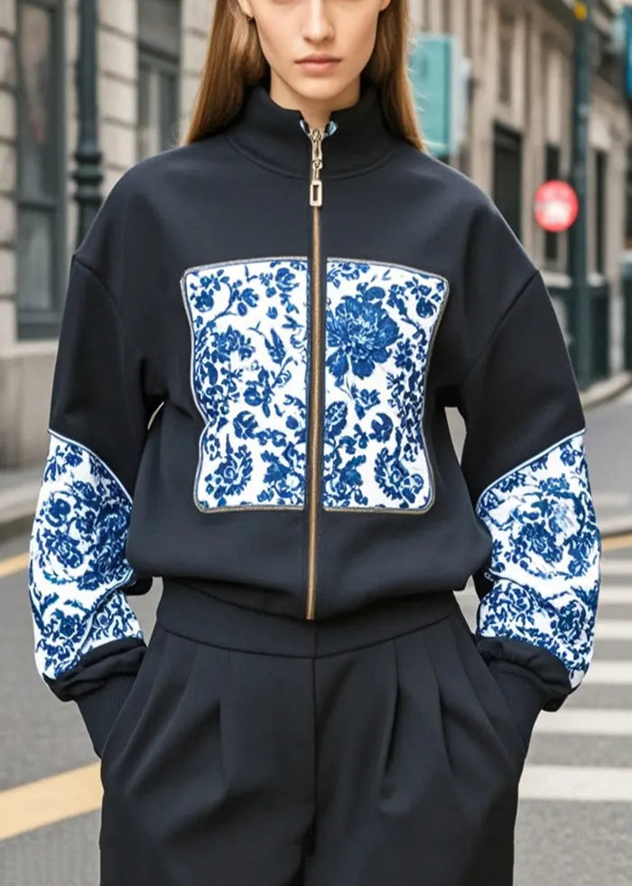 Black Stand Collar Print Cotton Jackets Fall