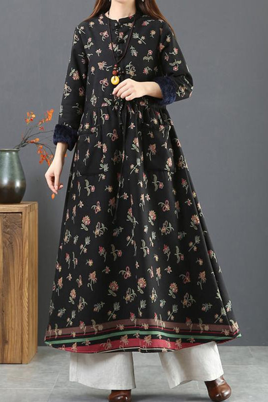 -winter Thick Plush Retro Cotton Linen Dress