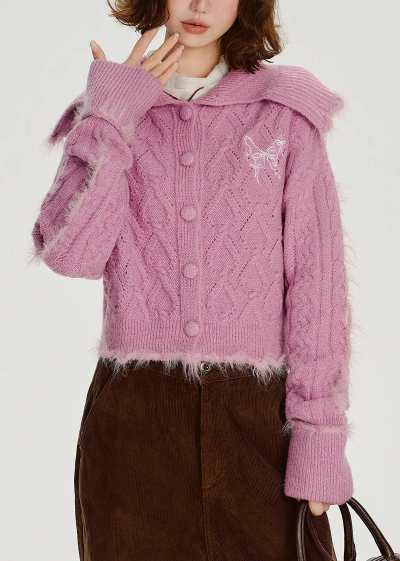 Rose Sailor Collar Patchwork Faux Fur Knit Cardigan Winter